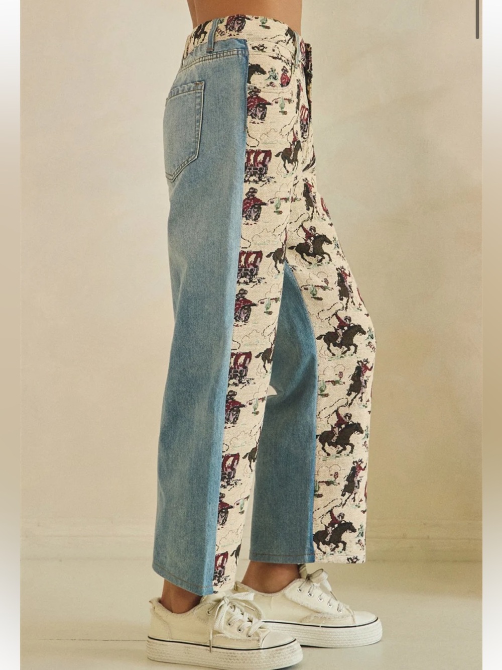 Printed Two-Tone Cowboy Graphic Straight Jeans - Cream & Blue - Picture 3 of 4